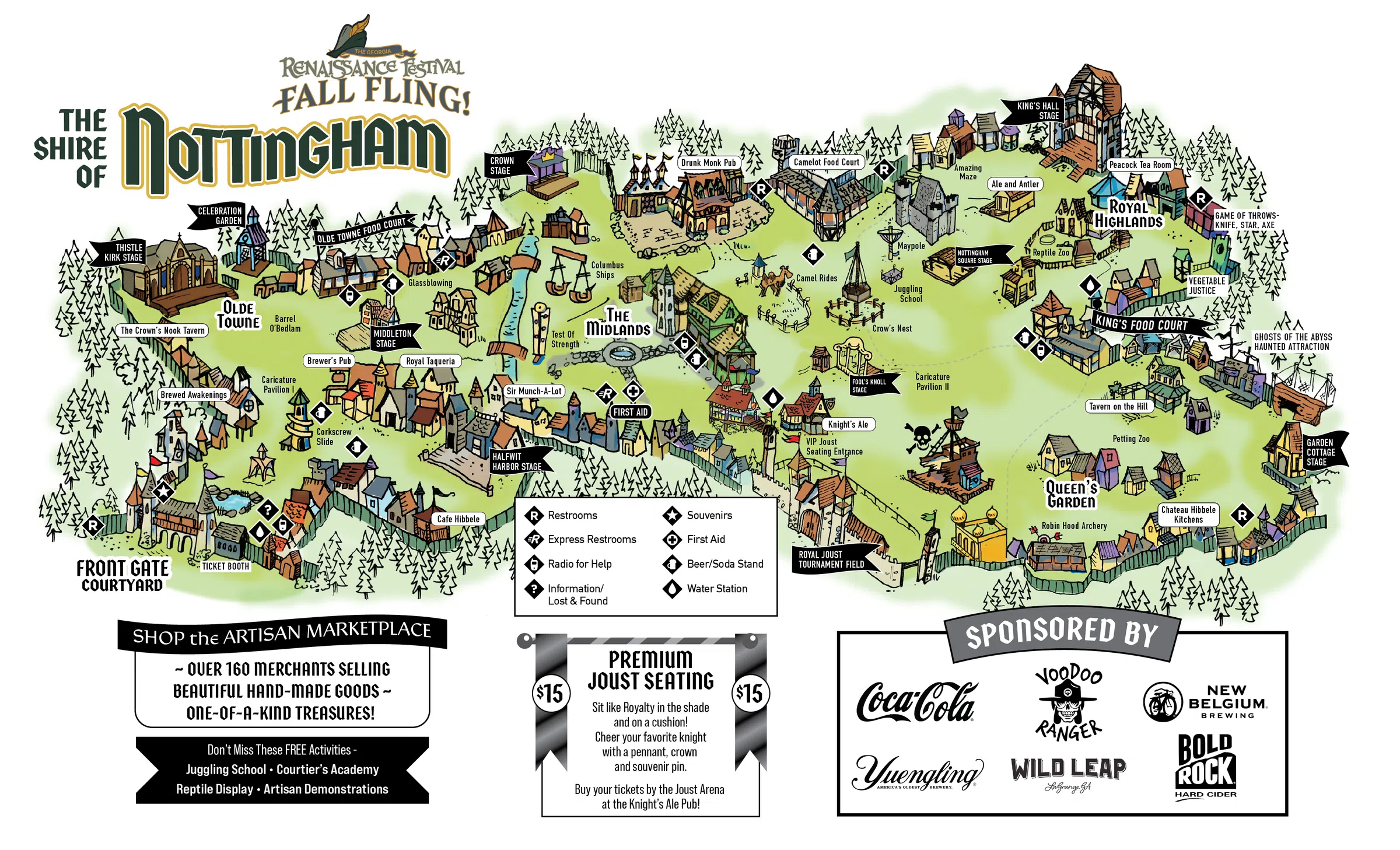 Georgia Renaissance Festival Fall Fling map of the Shire of Nottingham showing the Front Gate, Olde Towne, Midlands, Royal Highlands, Queen's Garden, and restroom symbols