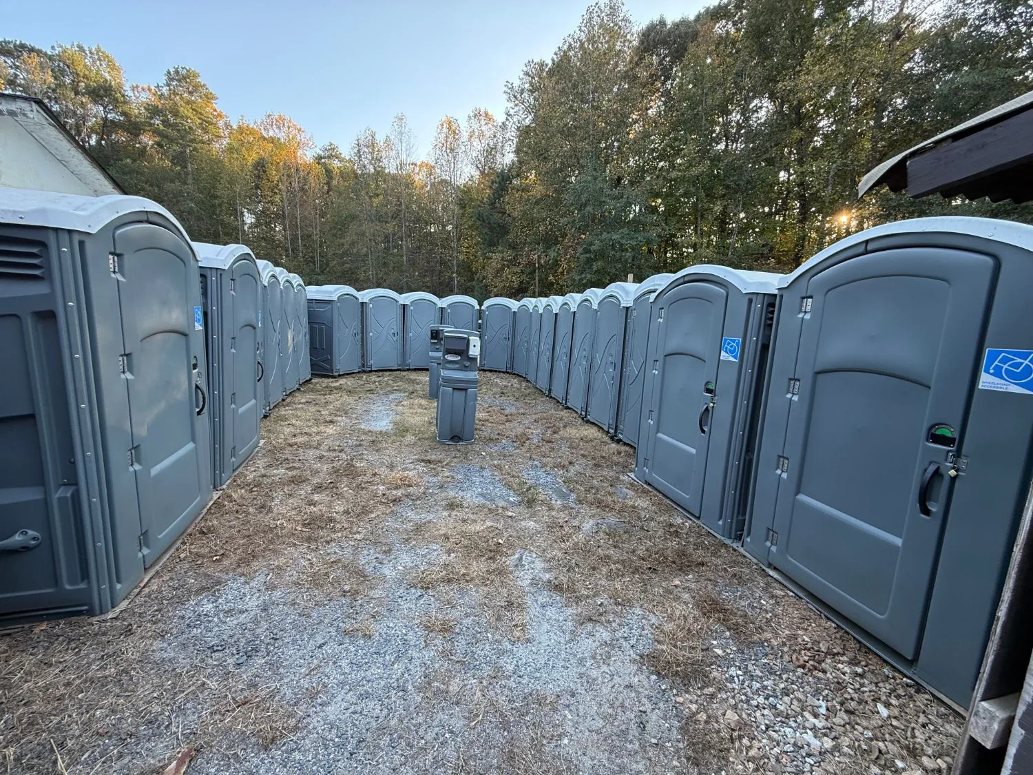 A curved bank of portable toilets with handwashing stations in the middle, set up in a clearing at the Georgia Renaissance Festival at golden hour